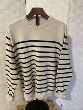 Brandy Melville Cream and Black Striped Crewneck Sweater